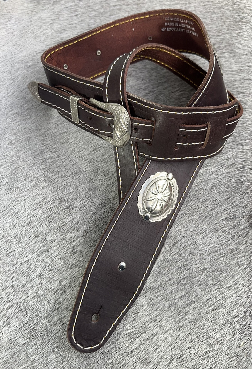 Adjustable Leather Concho Guiter Strap-Brown