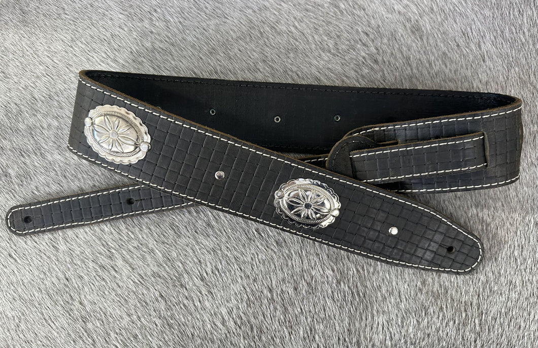 Adjustable Leather Concho Guiter Strap-Black weave
